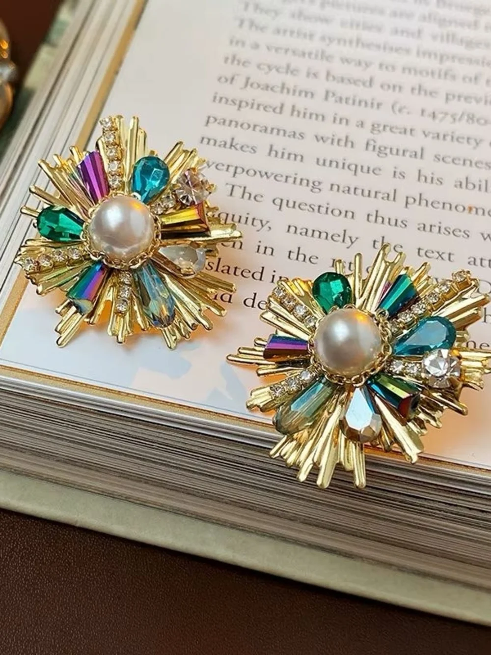Gold Earrings with Pearl & Green-Blue Crystal Accents - Picture 6 of 6